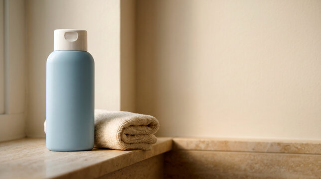 Pet Shampoo Bottle with Cotton Towel on Bathroom Stone Ledge
