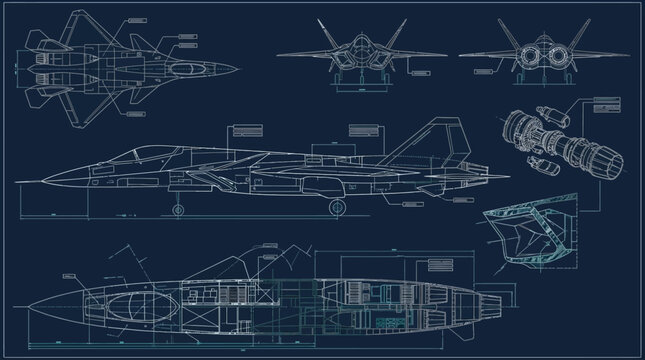 Technical blueprint illustration of a modern fighter jet aircraft.