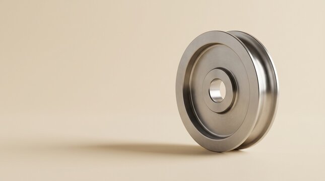 Smooth stainless steel pulley wheel standing on a warm cream surface