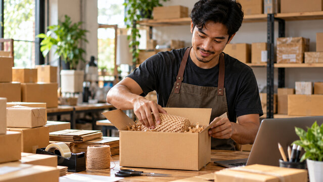 Asian Man Packing Online Orders in Small Business Workspace