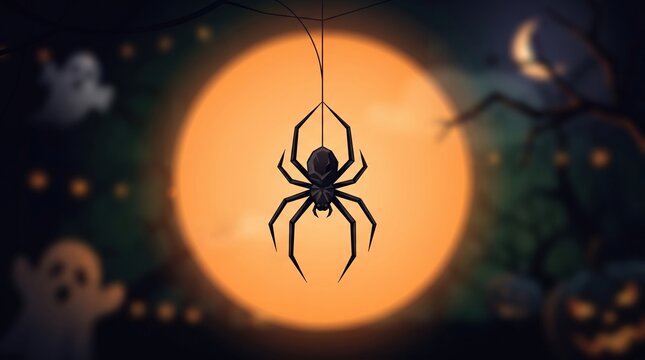 Black spider hanging before orange moon