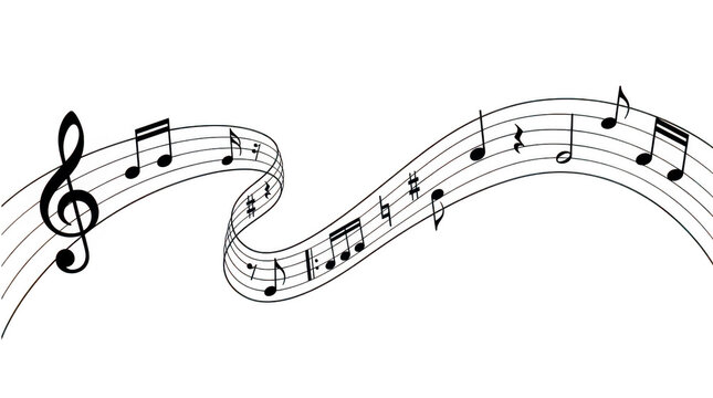 Musical notes on a flowing staff isolated on transparent background