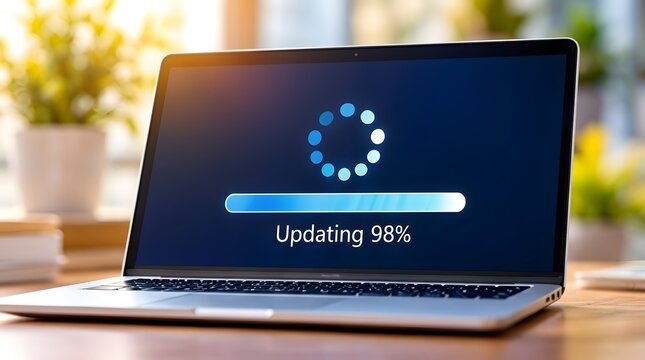 Modern laptop computer on a wooden desk in a bright office or home workspace showing a system software update progress bar at 98 percent with a loading icon and sunny background.
