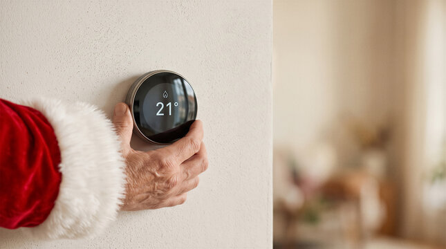 Person in red costume adjusting smart thermostat on wall, temperature display shows twenty one degrees, indoor heating control. Home automation, energy saving, winter comfort.