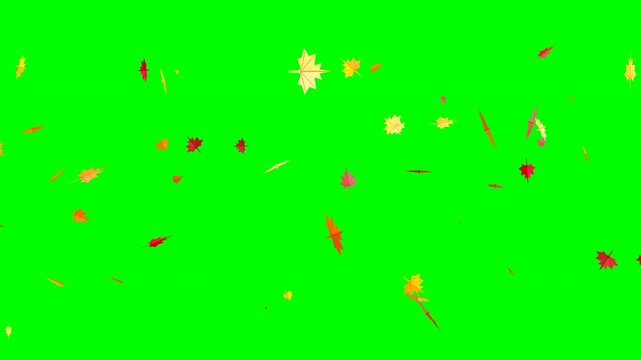 Dynamic animation of red and orange maple leaves falling and swirling against a bright green chroma key background. Perfect for autumn themed video compositing and editing.