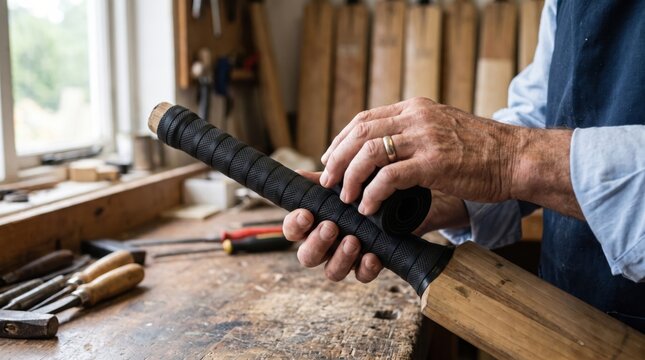 Craftsman wrapping grip handle of wooden cricket bat in workshop, closeup view of manufacturing sports equipment by hand