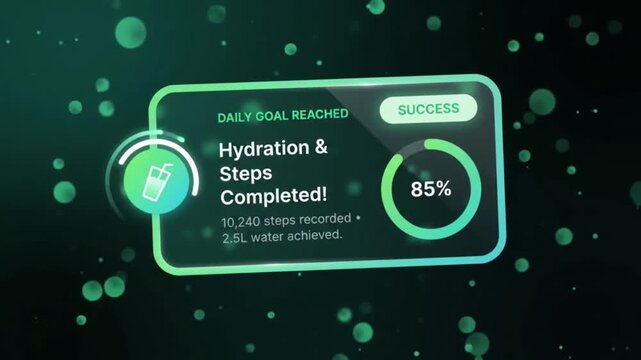 Glow green glassmorphism popup notification card showing Hydration & Steps Completed daily health goal achievement with step counter, water glass icon, and percentage circle UI