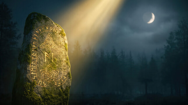 Mystical Viking runestone with glowing ancient Norse symbols in a dark forest at night with moonlight and dramatic light rays representing magic and history