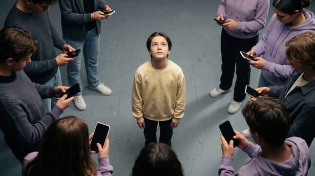 Teenager surrounded by phone users looking upward