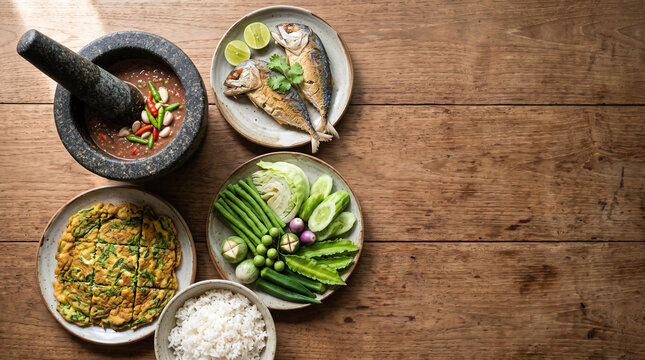 Thai nam prik kapi shrimp paste chili dip with fried mackerel, boiled vegetables and jasmine rice, home meal top view with copy space