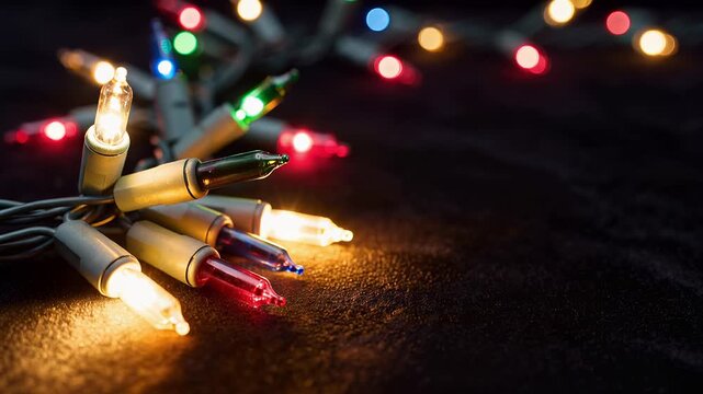 Multicolor Christmas garland lights illuminating against black background. Close up of festive holiday bulb string with selective focus. Copy space