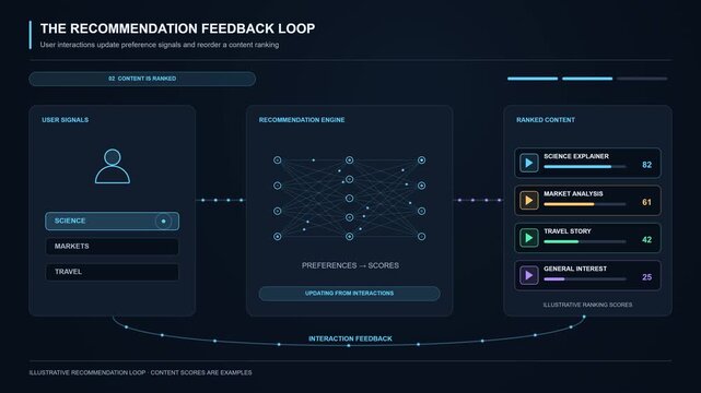 Recommendation feedback loop animation linking user interests to ranked content. Preference signals pass through a model as result cards reorder, illustrating personalized recommendations.