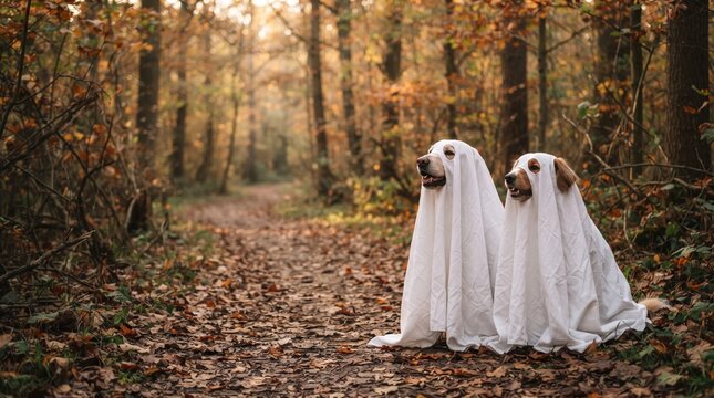 Two dogs in white ghost costumes on forest path