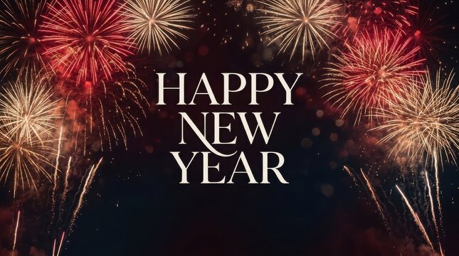 Festive fireworks exploding in the night sky celebrating the new year with a happy greeting concept