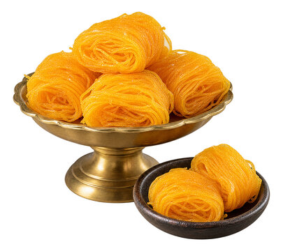 Thai foi thong golden egg yolk threads dessert on brass pedestal tray isolated on transparent background
