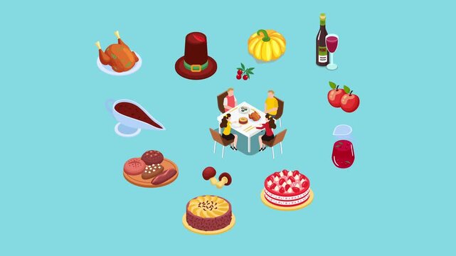 Thanksgiving Dinner Elements and Family Icon Set 3d animation cartoon
