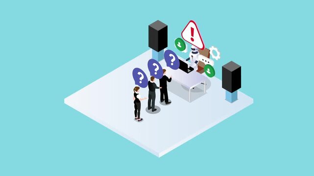 AI Customer Support Robot Overwhelmed by Queue of People with Questions 3d animation cartoon