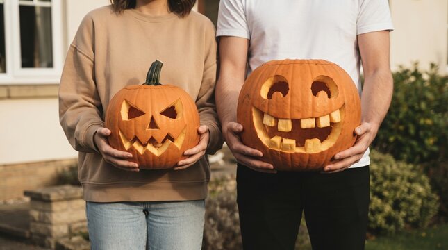 Pair holding contrasting carved pumpkins by house