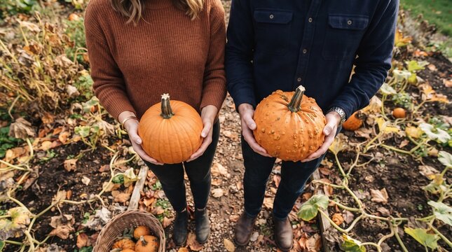 Two people holding pumpkins in autumn patch