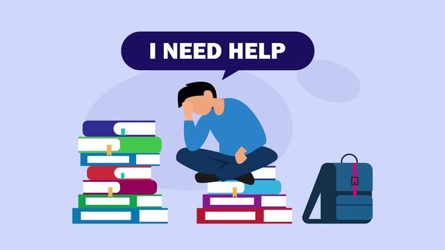 Stressed student boy needing help with homework sitting on books cartoon animation