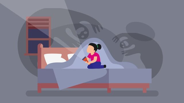 Scared child girl hiding under bed sheets from monsters and ghosts cartoon animation