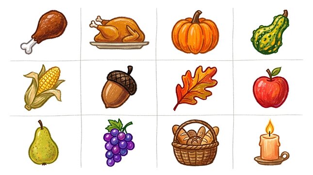 Set of thanksgiving holiday icons including roasted turkey, pumpkin, corn, acorn, autumn leaf, apple, pear, grapes, bread basket, and candle isolated on white background