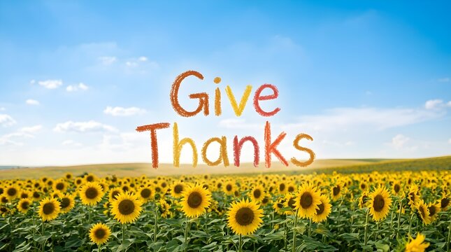 Give thanks text written in a colorful, textured font floating above a vibrant, sprawling field of blooming sunflowers under a bright blue sky with soft, scattered clouds