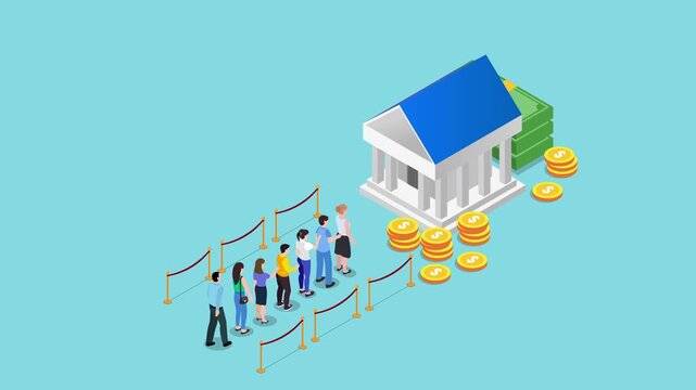 People Queueing at Bank Building for Financial Transactions 3d animation cartoon