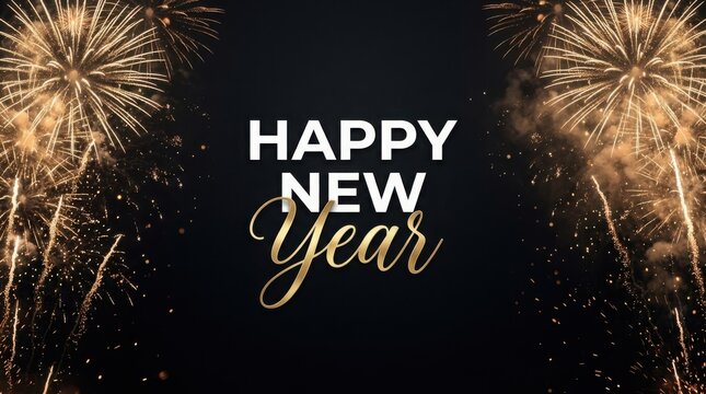 Golden fireworks exploding in a dark sky above 'Happy New Year' text for celebration