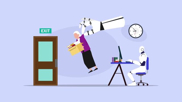 Giant Robotic Hand Firing Elderly Employee and Replacing Her with AI Robot cartoon animation