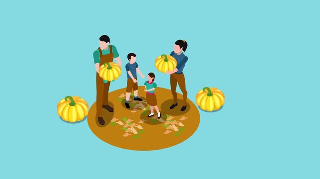 Family Harvesting Pumpkins 3d animation cartoon