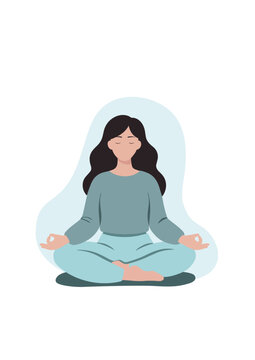 Woman Meditating in Lotus Pose, Mindfulness and Yoga Practice, Flat Vector Illustration