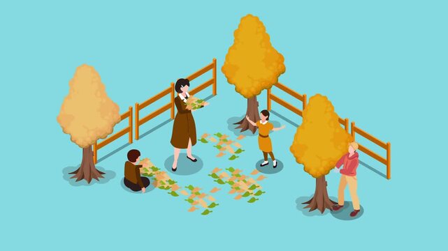 Family Playing with Autumn Foliage Leaves 3d animation cartoon
