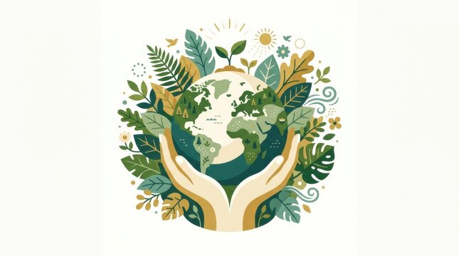 Hands cradle the Earth among various plants and flowers to depict the importance of ecology and sustainability for our planet.