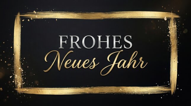 Frohes Neues Jahr text in golden frame with bokeh on black background
