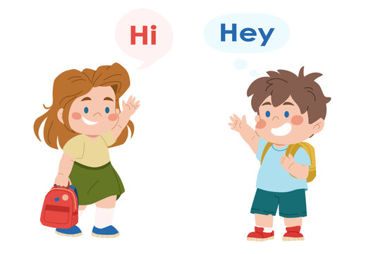 A boy and a girl greet each other, wave, and say hello. Cute schoolchildren with schoolbags exchange polite greetings.