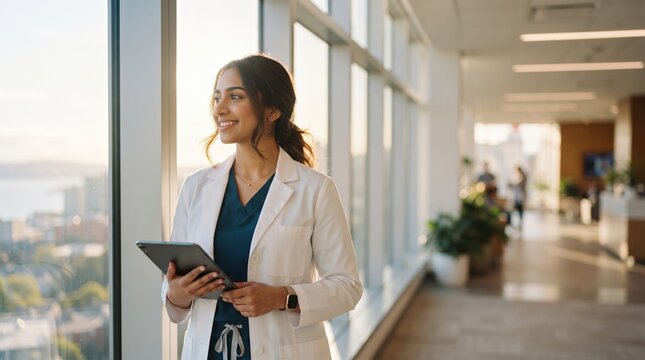Woman in white coat holding tablet by corridor window
