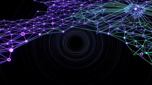 暗黒空間に広がる量子神経ネットワークと光波が整流される背景
