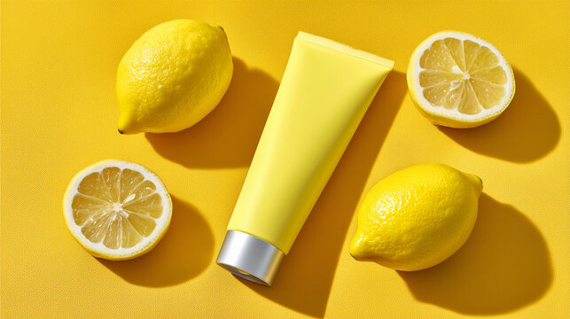 Yellow cosmetic tube with fresh lemons on bright textured background