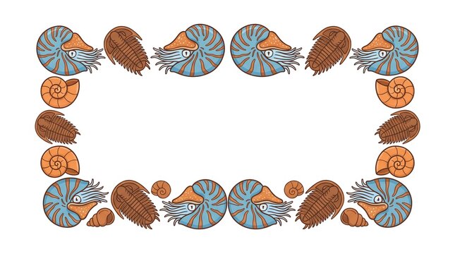 Prehistoric marine fossil ammonite and trilobite rectangular frame border illustration