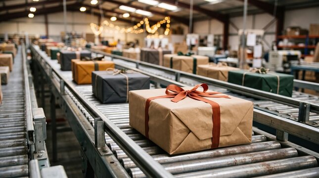 Ribbon-wrapped gift box on roller conveyor