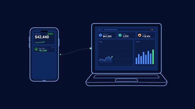 Live data dashboard animating with incoming analytics metrics on smartphone and laptop screens on dark background.