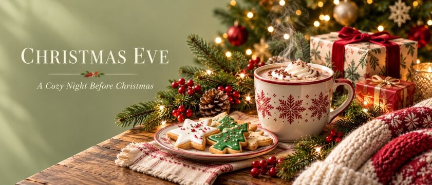 Christmas Eve holiday still life with decorated tree, wrapped gifts, hot cocoa, cookies, pinecones, berries, and cozy knitted blankets, featuring elegant greeting text and copy space for seasonal use
