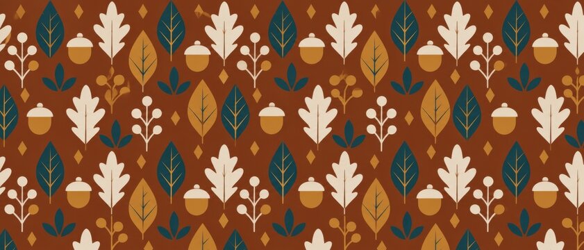 Seamless autumn fall pattern featuring stylized oak leaves, acorns, branches, and diamond motifs in warm brown, cream, teal, and orange tones, suitable for seasonal textile, wallpaper, and packaging