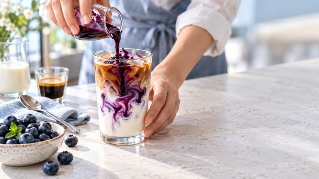 Barista pours berry syrup into iced coffee with milk, creating colorful swirling drink beside blueberries, espresso, and pitcher on marble counter, illustrating Coffee Flavor Remix for cafe marketing
