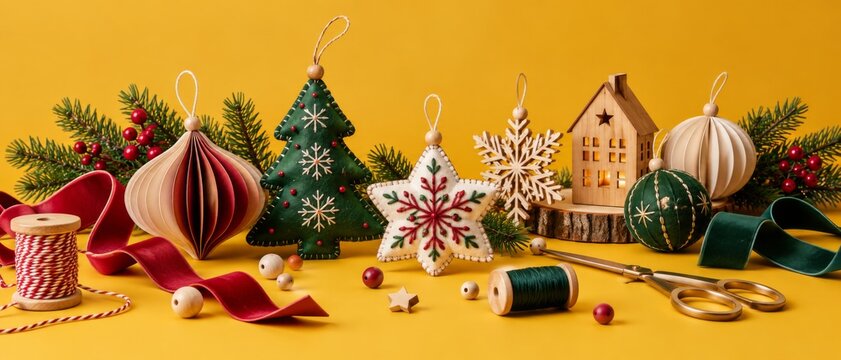 Handcrafted Christmas decorations arranged with ribbon, yarn, scissors, wooden house, baubles, stars, snowflakes, evergreen branches, and ornaments on warm yellow background with copy space for winter