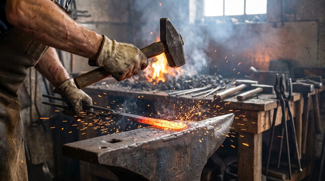 Blacksmith forging hot metal, artisan strikes glowing iron on anvil with hammer, creating intense sparks. Traditional blacksmith forging in rustic shop highlights skill.