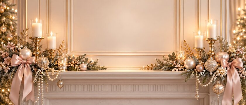 Soft glam Christmas mantel decorated with pearl jeweled accents, champagne ornaments, satin ribbons, candles, evergreen branches, and warm lights, with elegant central copy space for seasonal design
