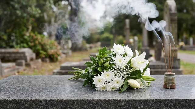White funeral flowers and incense smoke on a cemetery tombstone. Memorial tribute and mourning. Funeral remembrance, bereavement and loss. Cemetery memorial offering.