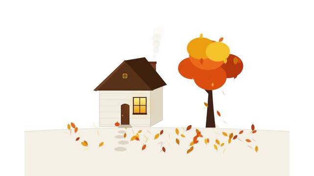 Flat vector illustration featuring a simple house and a vibrant orange tree. Leaves drift across the foreground. Minimalist design. Ideal for seasonal greetings or cozy autumn marketing.